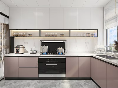 Modern Kitchen Interior With White And Pink Cabinets Marble Countertop And Appliances 3d model