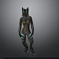 Anthropomorphic Wolf Character With Neon Blue Glowing Stripes And Ears
