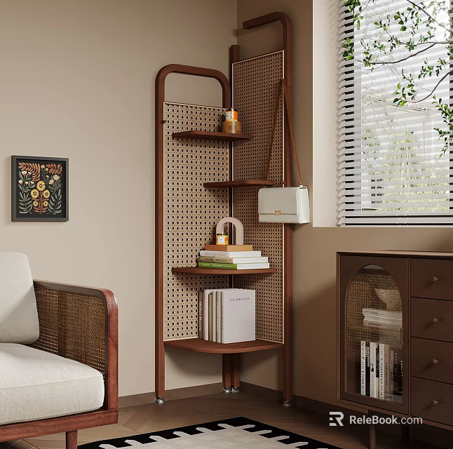 Cozy Interior With Brown Bookshelf Multiple Shelves Books Decorations Rattan Chair And Glass Door Cabinet 3d model 