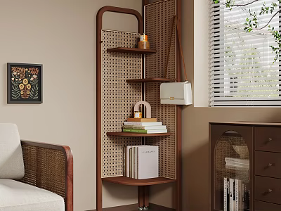 Cozy Interior With Brown Bookshelf Multiple Shelves Books Decorations Rattan Chair And Glass Door Cabinet 3d model