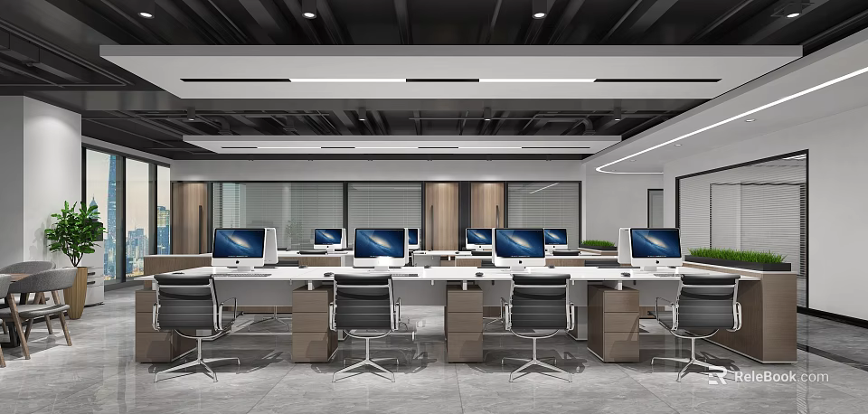 Modern Public Office Space with Open Layout Multiple Computers Desks Chairs Windows and Green Plants 3d model
