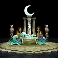 Cartoon Scene Featuring Crescent Moon Stone Platform Statues Flames And Water Waves 3d model