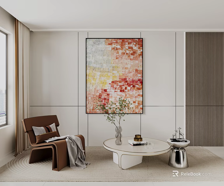 Modern Minimalist Living Room Interior With Round Coffee Table Vase Books And Colorful Painting 3d model 