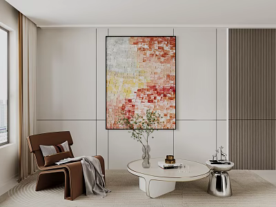 Modern Minimalist Living Room Interior With Round Coffee Table Vase Books And Colorful Painting 3d model
