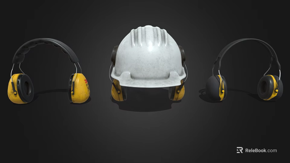Protective Industrial Safety Equipment With White Hard Hat And Yellow Earmuffs 3d model 