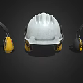 Protective Industrial Safety Equipment With White Hard Hat And Yellow Earmuffs
