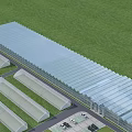 Industrial Factory Plant With Multiple Shed Structures Green Field And Security Fence