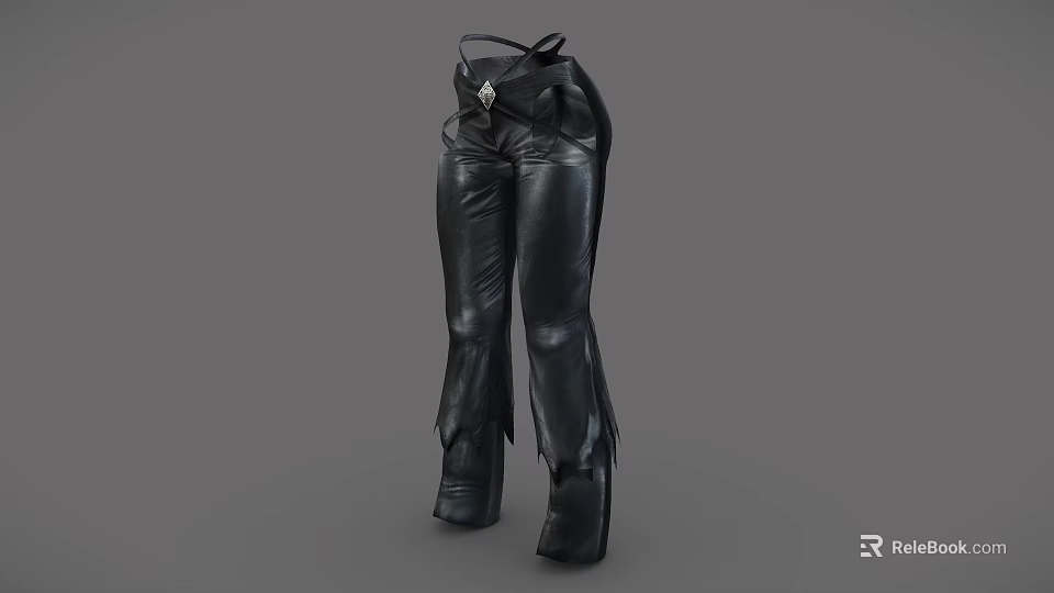 Stylish Black Leather Pants With Decorative Belt And Fringe Hem Design 3d model 