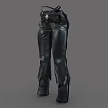 Stylish Black Leather Pants With Decorative Belt And Fringe Hem Design