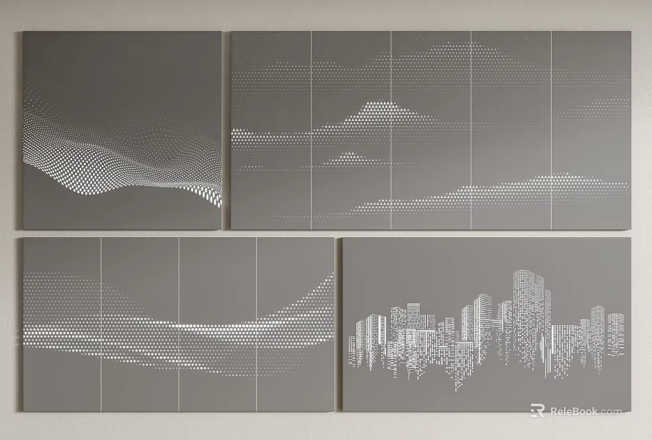 Gray Wall Decor With Abstract Geometric Dot Line Artworks Featuring Wavy Grid And City Silhouette 3d model 