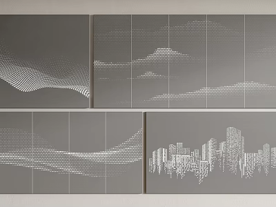 Gray Wall Decor With Abstract Geometric Dot Line Artworks Featuring Wavy Grid And City Silhouette 3d model