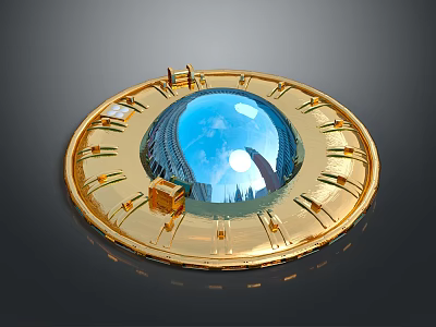 Golden Circular Decorative Device With Blue Sphere And City Building Reflections 3d model