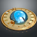 Golden Circular Decorative Device With Blue Sphere And City Building Reflections 3d model