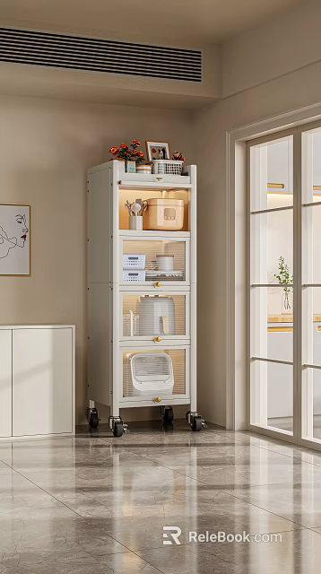 Light Colored Kitchen Storage Cabinet With Glass Doors Organizing Cookware 3d model