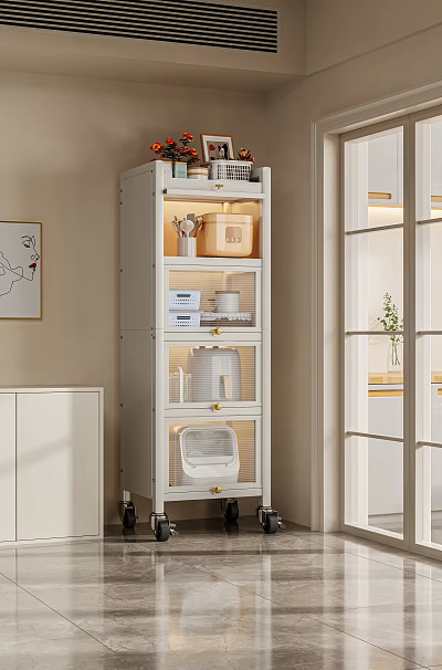 Light Colored Kitchen Storage Cabinet With Glass Doors Organizing Cookware 3d model