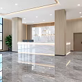 Modern Front Desk Reception Lobby With Marble Floor Wooden Walls And Green Plants
