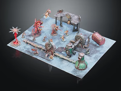 Cartoon Scene Model Featuring Characters Structures Mechanical Devices Small Figure Models And Icy Background 3d model