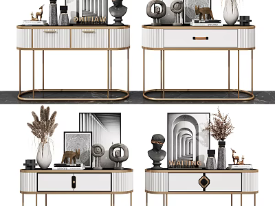 Modern Console Cabinet And Side Cabinet Interior With Golden Frame White Body And Decorative Sculptures 3d model