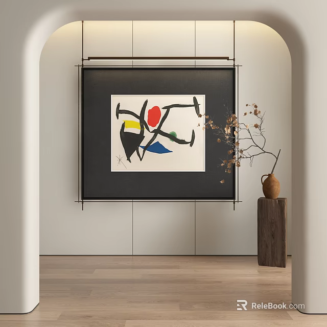 Abstract Painting With Black Frame Hanging On White Wall Decorative Vase Dried Branches Wooden Floor 3d model 