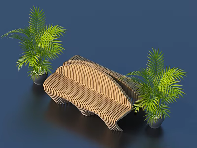 Curved Wooden Striped Landscape Seat With Two Green Palm Plants On Dark Blue Background 3d model