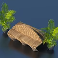 Curved Wooden Striped Landscape Seat With Two Green Palm Plants On Dark Blue Background