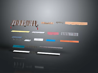 Diverse Scene Components Design Elements With Metal Strips Wooden Panels And Colored Bands 3d model