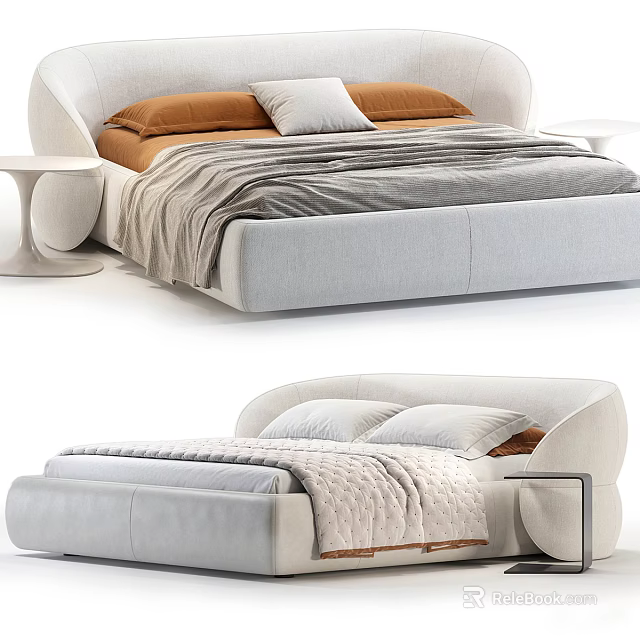 Upholstered Double Bed With Modern Curved Headboard Orange Pillows Gray Blanket And Round Side Table 3d model 