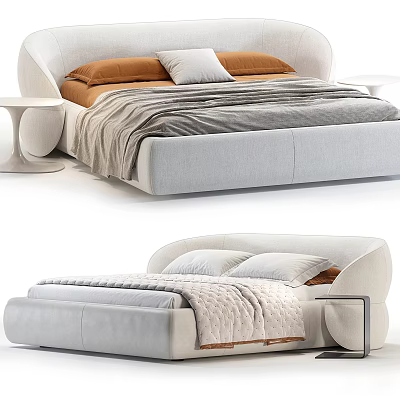 Upholstered Double Bed With Modern Curved Headboard Orange Pillows Gray Blanket And Round Side Table 3d model