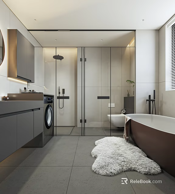 Modern Bathroom Interior with Freestanding Bathtub Glass Shower Vanity and Gray Tiles 3d model 