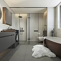 Modern Bathroom Interior with Freestanding Bathtub Glass Shower Vanity and Gray Tiles
