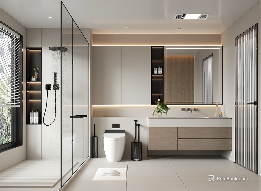 Modern Bathroom Interior Design With Glass Shower Toilet Vanity Mirror And LED Lights 3d model 