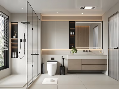 Modern Bathroom Interior Design With Glass Shower Toilet Vanity Mirror And LED Lights 3d model