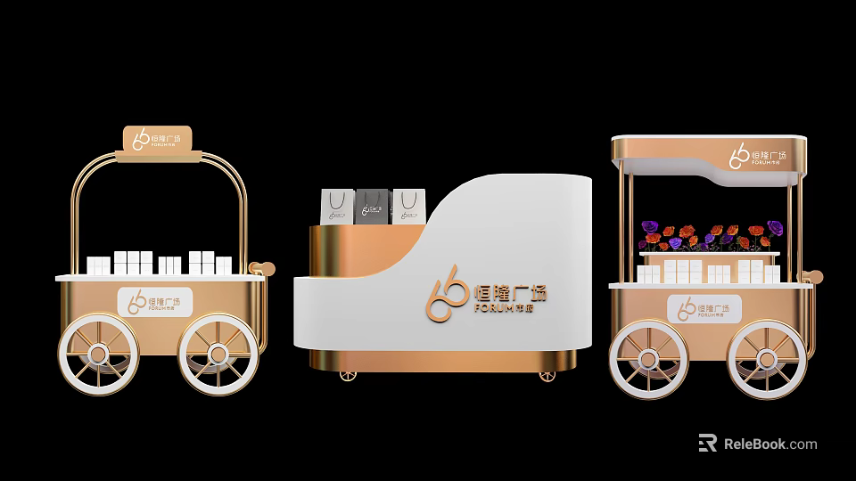 Lianlang Square Functional Carts with Shopping Bags Flower Display and Gold Accents 3d model 