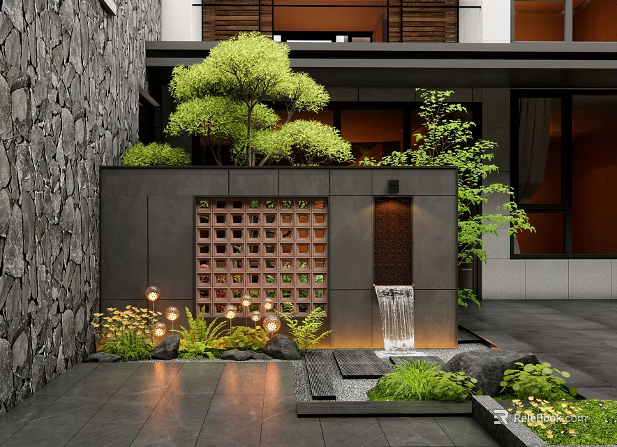 Modern Courtyard Garden With Stone Wall Grid Panel Waterfall Lush Plants And Slate Flooring 3d model 