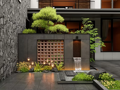 Modern Courtyard Garden With Stone Wall Grid Panel Waterfall Lush Plants And Slate Flooring 3d model