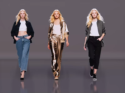 Three Blonde Female Models Walking In Fashionable Outfits Against Gray Background 3d model
