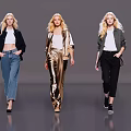 Three Blonde Female Models Walking In Fashionable Outfits Against Gray Background