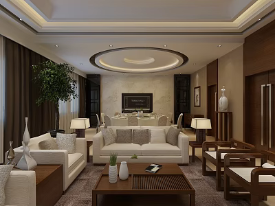 Elegant Chinese Private Box Interior With Sofa Coffee Table And Pendant Light 3d model
