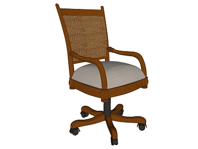 Wooden Frame Office Chair With Rattan Backrest Gray Cushion And Wheeled Base 3d model