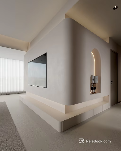 Modern Minimalist TV Wall With Built in TV Arched Lit Niche And Cabinets 3d model 