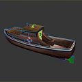 Wooden Small Boat With Cabin Windows And Lifebuoy On Gray Background