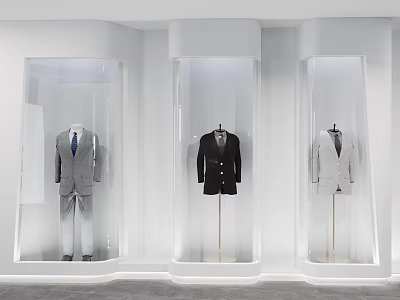 Modern Clothing Store With Transparent Display Cases And Mannequins In Stylish Suits 3d model
