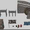 Industrial Style Scene Components With Metal Frames Shelves Wheel Booth And Fabric