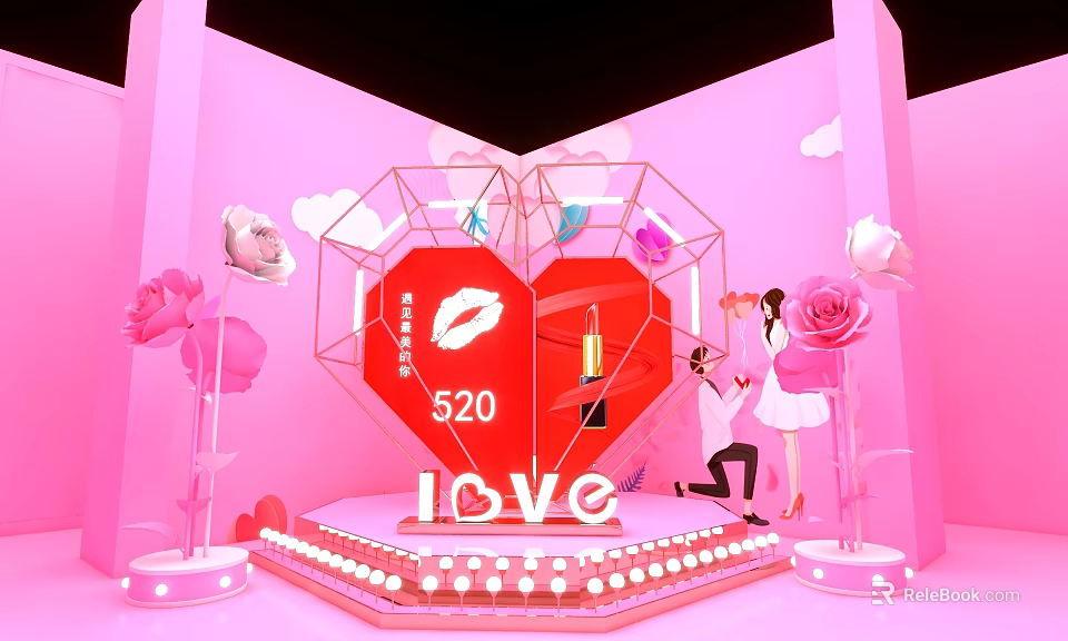 Romantic 520 Display With Heart Shaped Red Lips Perfume LOVE Letters And Roses 3d model 