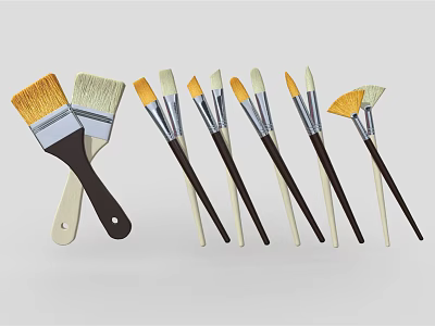 Collection of Assorted Paintbrushes with Different Bristle Types and Wooden White Handles 3d model
