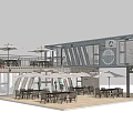 Modern Container Building Cafe With Outdoor Seating Umbrellas And Large Windows 3d model