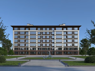 Modern Residential Building Exterior With Symmetrical Design Neatly Arranged Windows And Lush Greenery 3d model