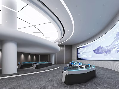 Modern Monitoring Room With Large Screen And Control Consoles 3d model