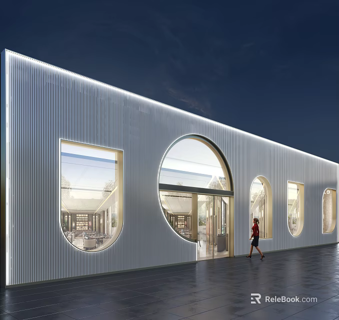 Modern Storefront Facade With White Metallic Texture Arched Windows And Lighting Accents 3d model 