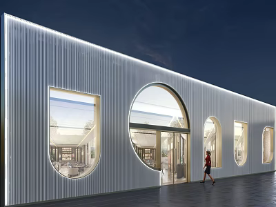 Modern Storefront Facade With White Metallic Texture Arched Windows And Lighting Accents 3d model